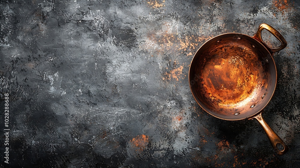 Poster copper saucepan on grey stone background copy space top view : generative ai
