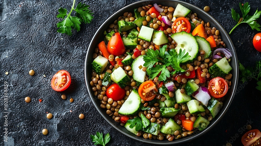 Poster lentil salad with mix vegetables in bowl grey background top view : generative ai