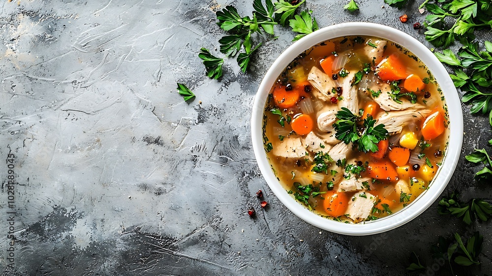 Poster chicken soup with vegetables in white bowl grey stone background copy space top view : generative ai