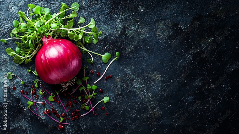 Poster Red onion with fresh green sprouts on grey stone background Top view Copy space : Generative AI