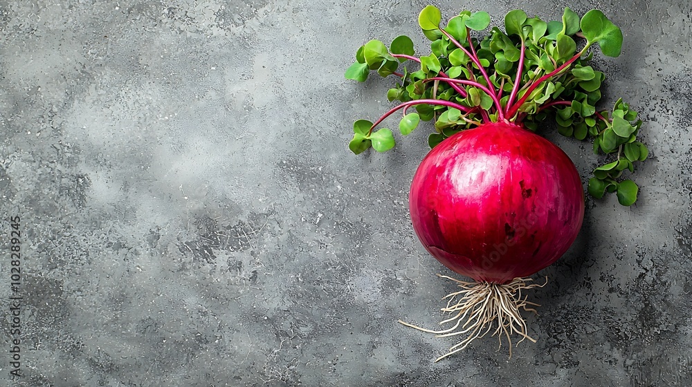 Poster Red onion with fresh green sprouts on grey stone background Top view Copy space : Generative AI