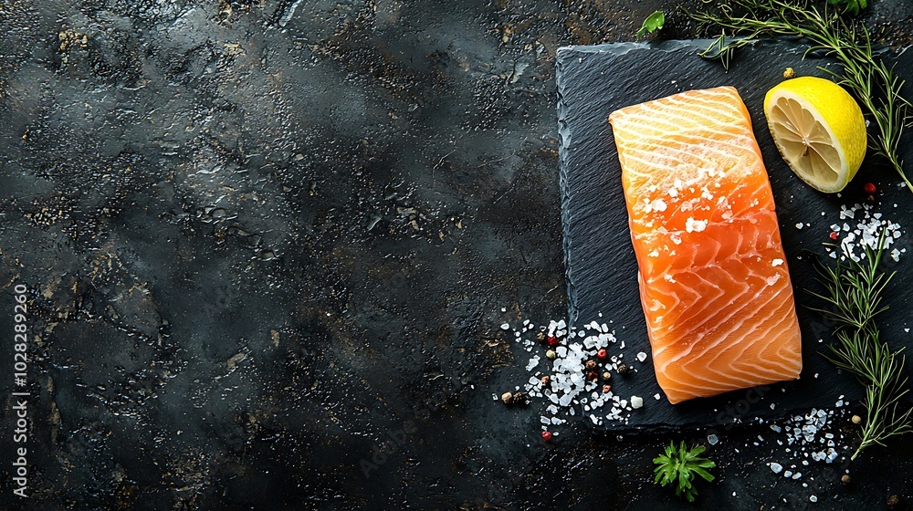 Poster salmon fillet with sea salt lemon on slate dark background copy space top view : generative ai