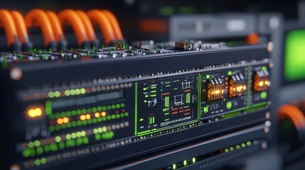 Data Center Server Rack with Green and Orange Lights