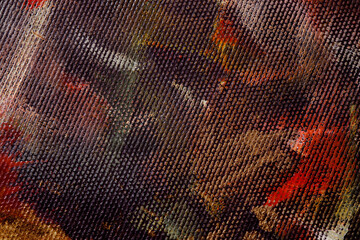 Monochrome linen texture. Strokes of oil paint on a textured canvas. The concept of the modern school of art. Background on a military theme with red and yellow elements.