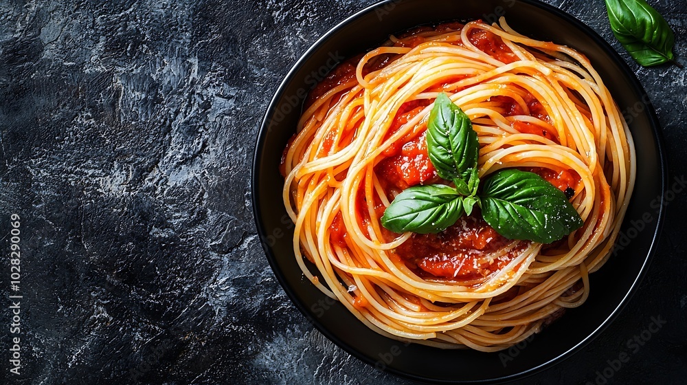 Poster pasta spaghetti with tomato sauce in black bowl on grey stone background top view : generative ai