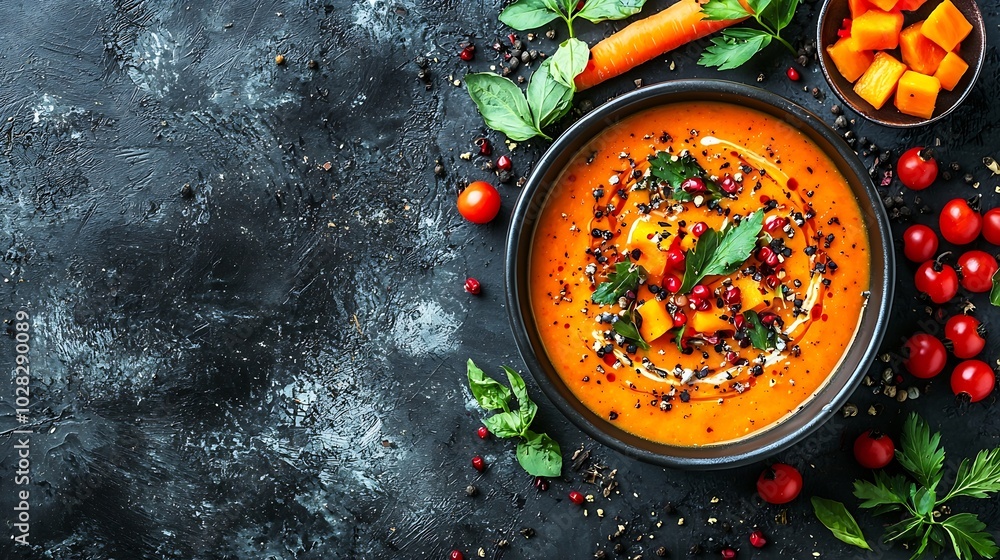 Poster pumpkin carrot cream soup in a bowl grey background top view close up : generative ai