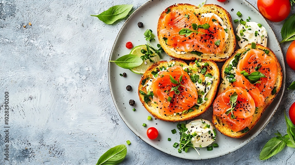 Aufkleber sandwich toast with smoked salmon and cream cheese on plate grey background copy space top view : ge