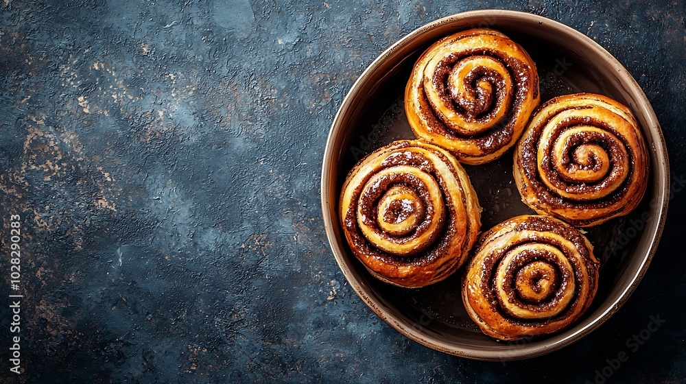Poster cinnamon rolls buns cinnabons in baking dish grey background copy space top view : generative ai