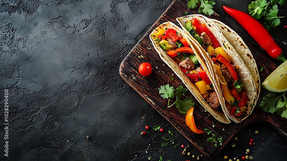 Poster taco with meat and vegetables on cutting board grey background top view : generative ai
