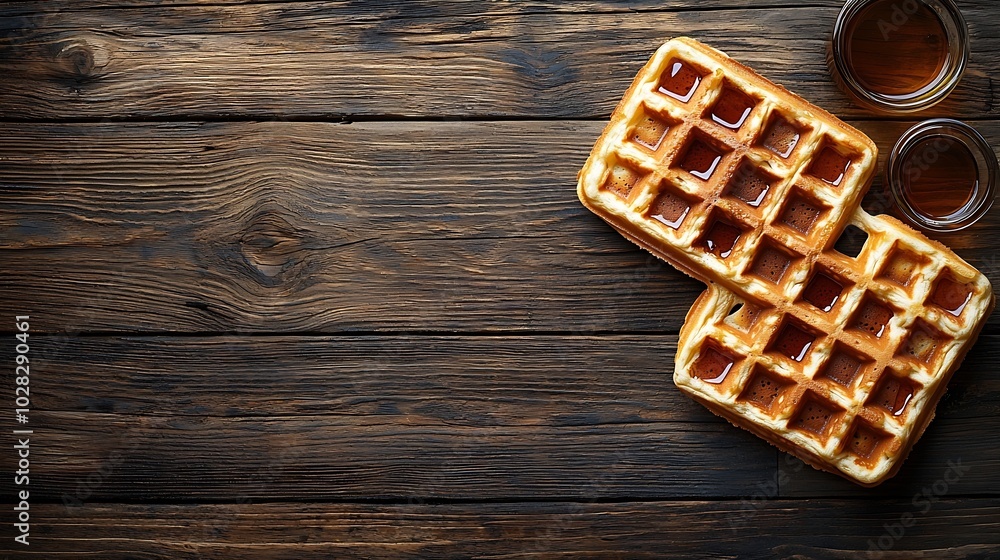 Poster whole wheat waffles with maple syrup wooden background close up : generative ai