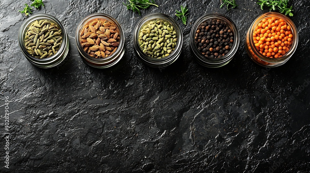 Poster spices assortment in jars fennel coriander cumin seed grey stone background top view copy space : ge