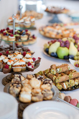 Different kinds of beautiful pastry, small colorful sweet cakes, macaron, and other dessert in the sweet buffet