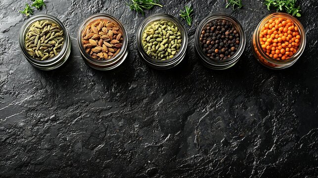 Spices assortment in jars fennel coriander cumin seed Grey stone background Top view Copy space : Generative AI