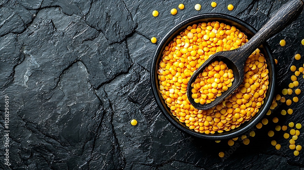 Poster yellow lentil in black bowl and scoop on slate background copy space : generative ai
