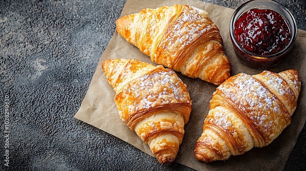 Poster croissant with coffee jam and butter continental breakfast concept top view : generative ai