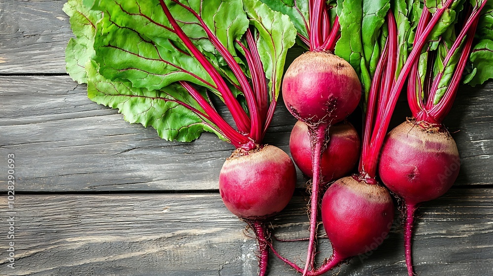 Poster fresh organic beet beetroot on grey rustic wooden background top view copy space : generative ai