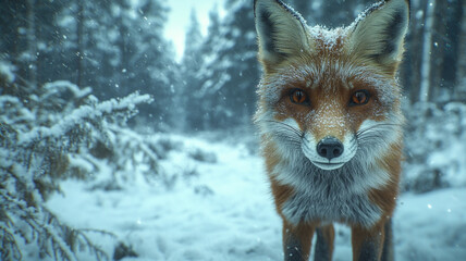 Fototapeta premium Close-up of a fox standing in a snow-covered forest, soft wintery background with room for copy space.