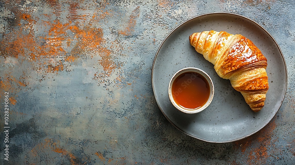 Poster croissant with coffee jam and butter continental breakfast concept top view : generative ai