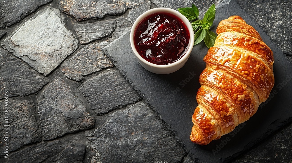 Poster croissant with coffee jam and butter continental breakfast concept top view copy space : generative 