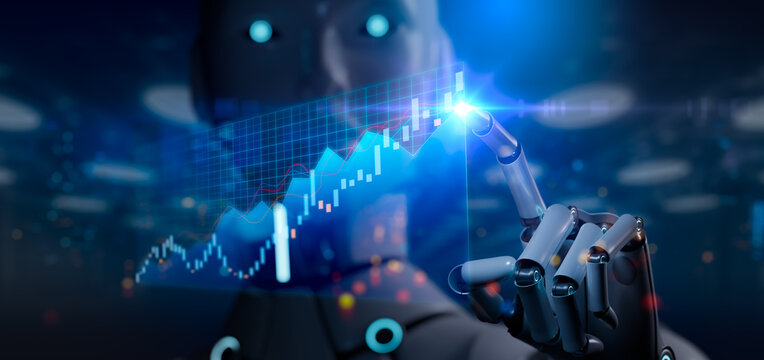Robotic arm pointing at stock chart.Ai artificial intelligence tool analysis Data stock market.Investor use smart Ai robot automation technology for analysis graph data for decision trading,big data.