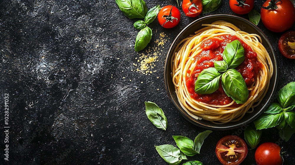 Poster pasta spaghetti with tomato sauce and fresh basil in a bowl grey background top view copy space : ge