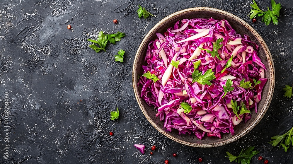 Poster Red cabbage salad Coleslaw in a bowl Grey background Top view Copy space : Generative AI