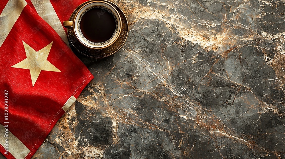 Poster Coffee with Vietnamese flag on marble table Copy space Top view : Generative AI