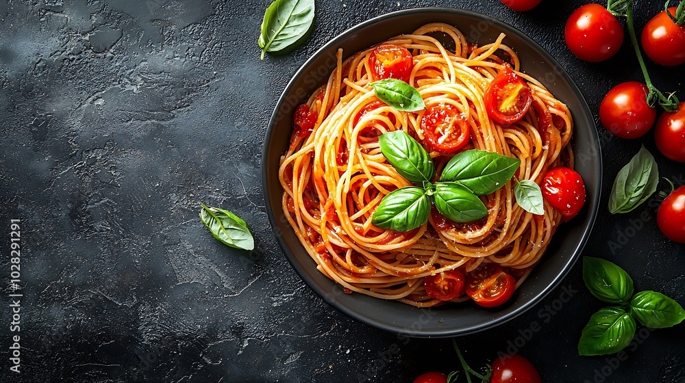 Poster pasta spaghetti with tomato sauce and fresh basil in a bowl grey background top view copy space : ge