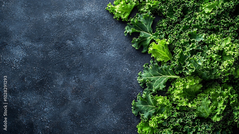 Poster fresh kale leaves salad on grey background copy space : generative ai
