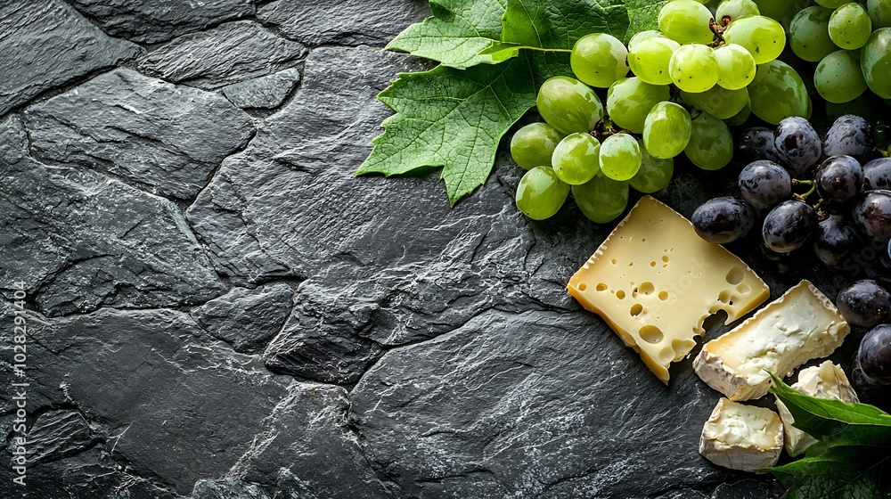 Aufkleber Assorted cheese with grape on a stone and slate background Copy space : Generative AI