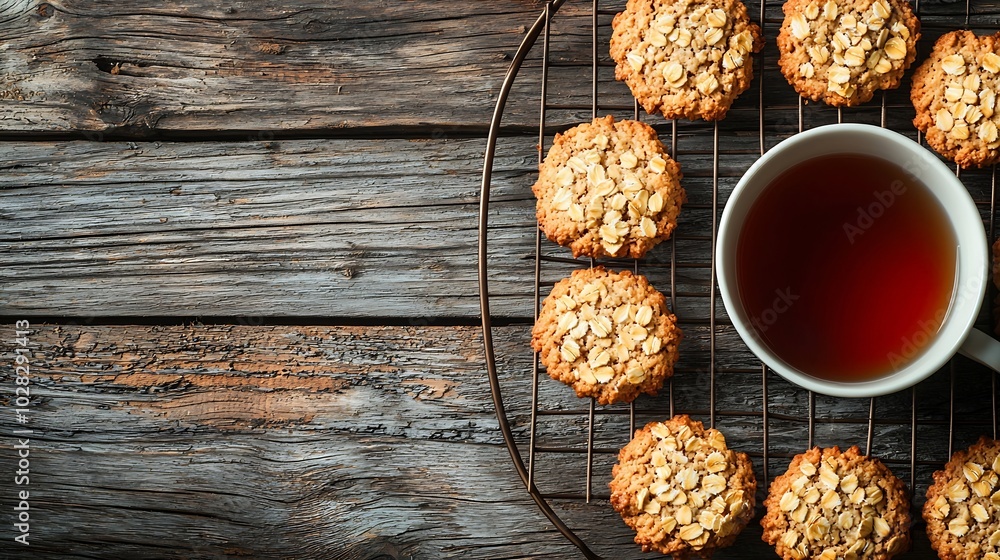 Aufkleber oat vegan cookies on cooling rack with cup of tea wooden background copy space top view : generative