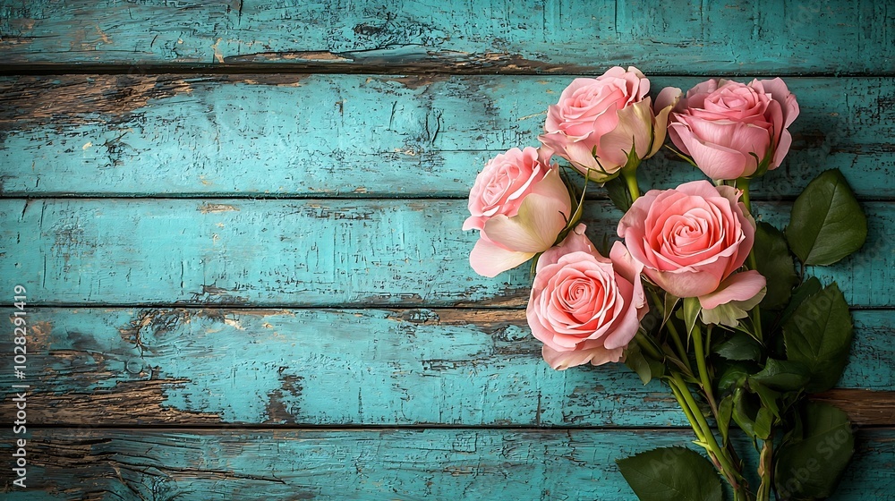 Poster pink roses on colorful turquoise wooden background top view copy space : generative ai