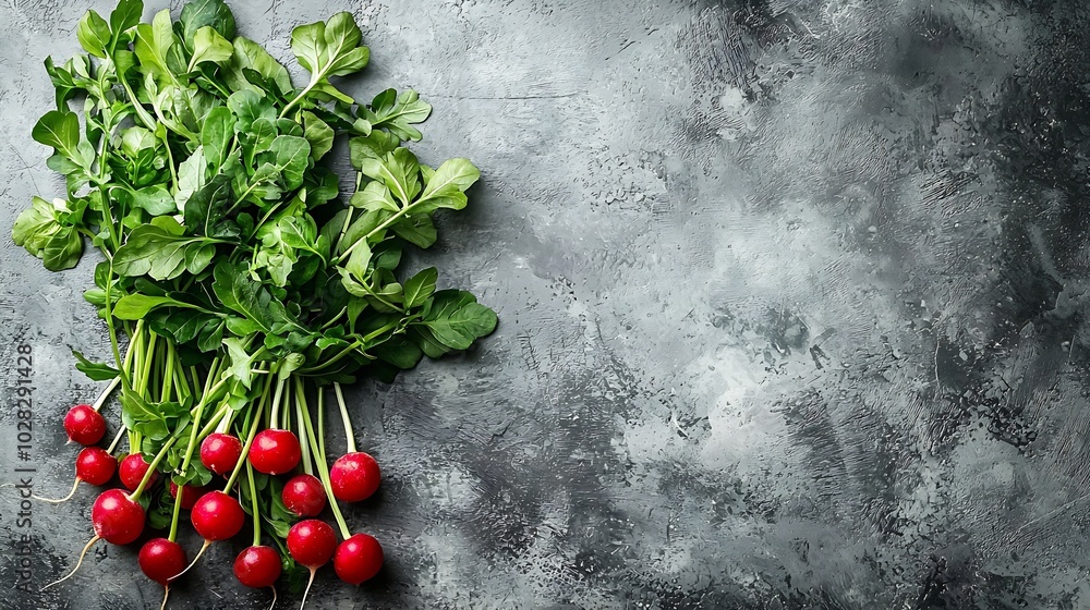 Poster Radish bunch on grey stone background Copy space Top view : Generative AI