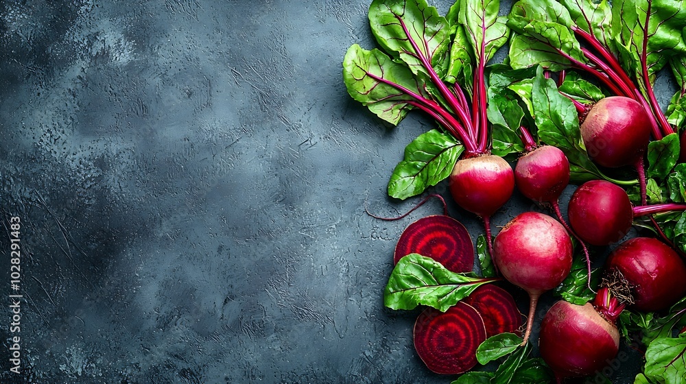 Poster fresh organic beet beetroot on grey rustic wooden background top view close up : generative ai