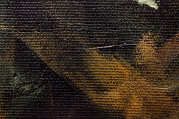 Monochrome linen texture. Strokes of oil paint on a textured canvas. The concept of the modern school of art. Background on a military theme with red and yellow elements.