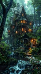 Fototapeta premium Enchanted Forest Cottage with Stream