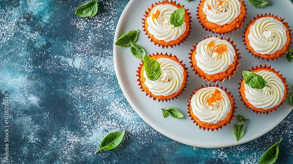Poster healthy vegan carrot muffins with ricotta cheese on a plate blue background copy space top view : ge