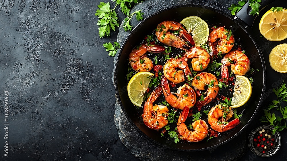 Aufkleber Prawns with lemon and fresh herbs in a black frying pan Stone background Copy space Top view : Generative AI