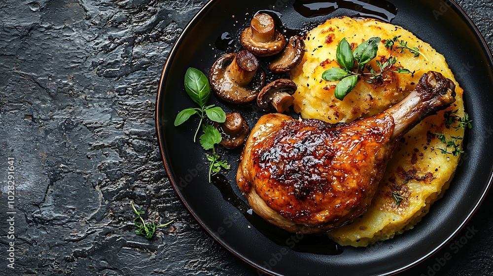 Poster duck legs confit with potato gratin and mushroom on a plate slate background : generative ai