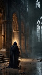 Naklejka premium Gothic Cathedral Ruins: Grim Reaper Amidst Thick Fog and Cracked Stone Floors