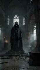 Gothic Cathedral Ruins: Grim Reaper Amidst Thick Fog and Cracked Stone Floors
