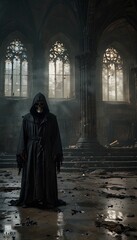Naklejka premium Gothic Cathedral Ruins: Grim Reaper Amidst Thick Fog and Cracked Stone Floors