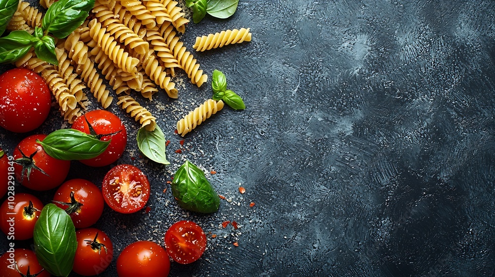 Aufkleber pasta fusilli with mozzarella cheese tomatoes and basil grey background top view : generative ai