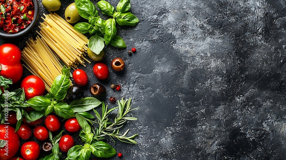 Poster pasta spaghetti with tomato sauce olives and fresh basil grey background copy space top view : gener