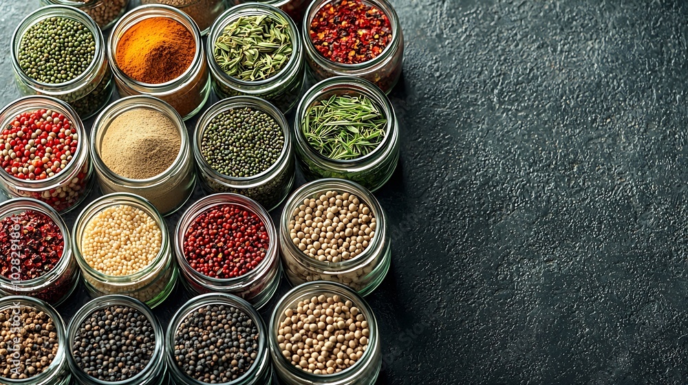 Poster assortments of spices white pepper chili flakes lemongrass coriander and cumin seeds in jars on grey