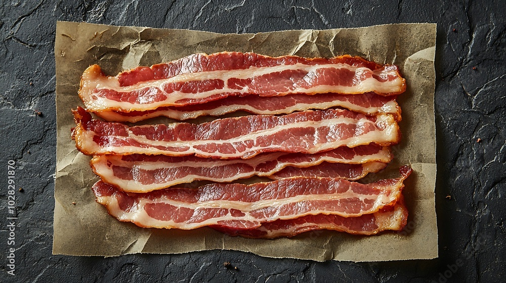 Poster Raw bacon slices on parchment paper Grey slate background Close up : Generative AI