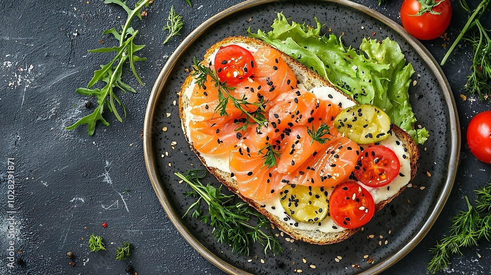 Poster sandwich with salmon vegetables and cream cheese on plate dark background top view : generative ai