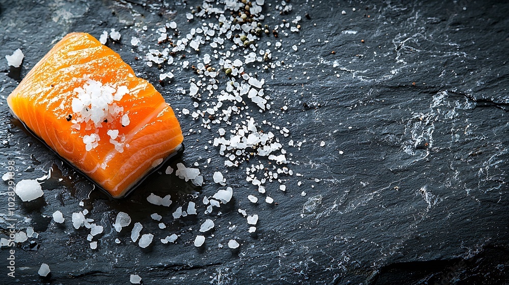 Poster salmon fillet with sea salt grey slate background copy space : generative ai