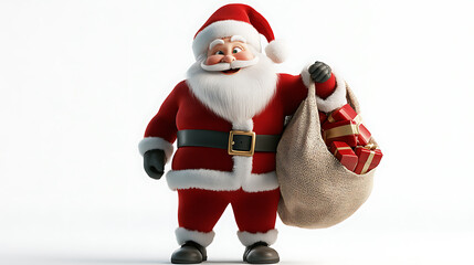 Obraz premium Santa Claus with a sack of gifts on a white background. 3d rendering