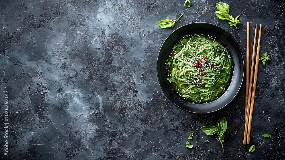 Poster green tea soba noodles top view copy space slate background : generative ai